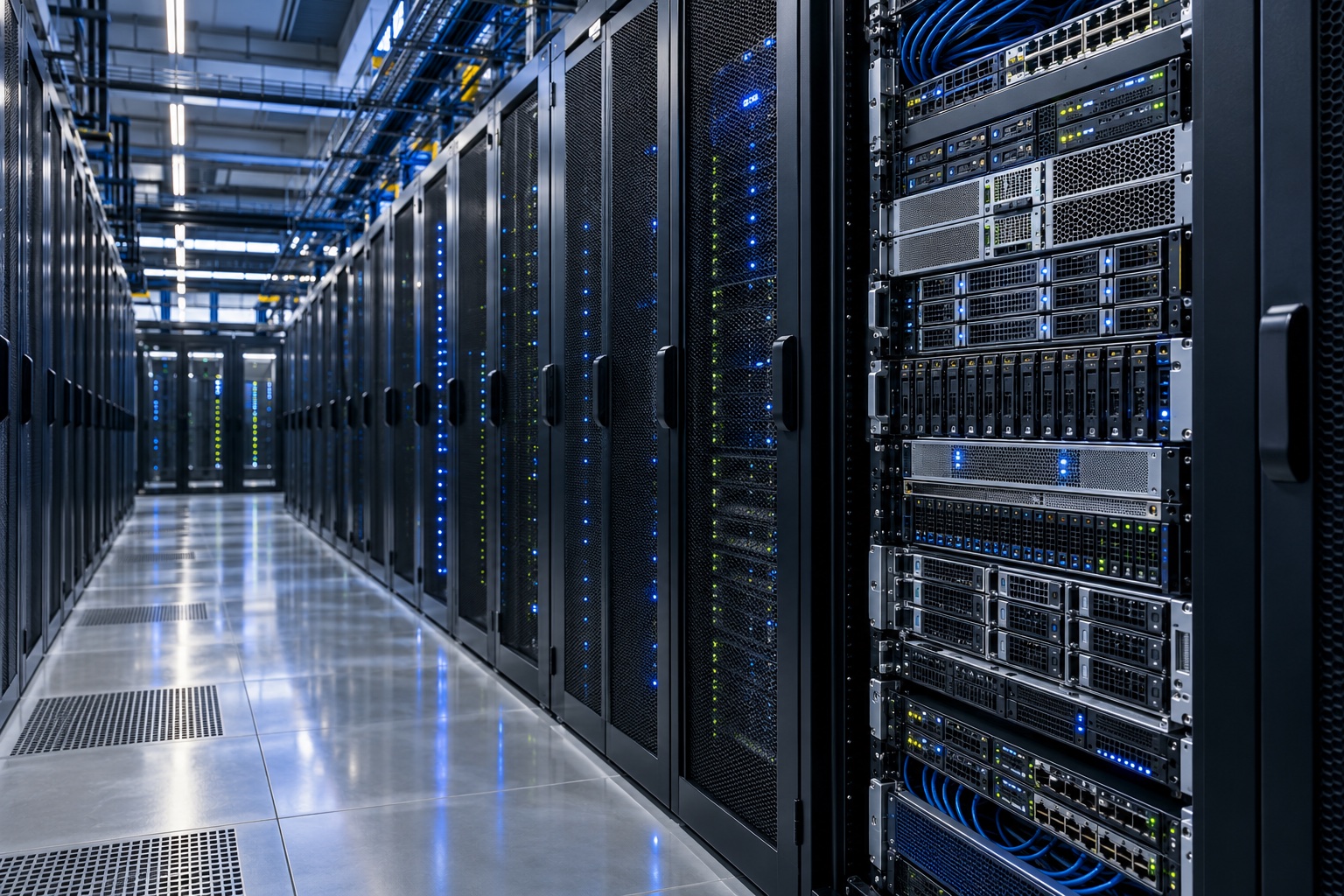 Illustrative view of modern server racks, storage hardware and network switches with blue lighting